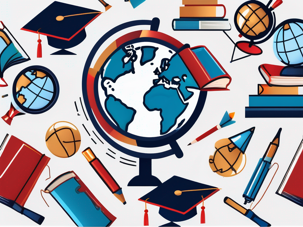 A globe with different educational tools like books