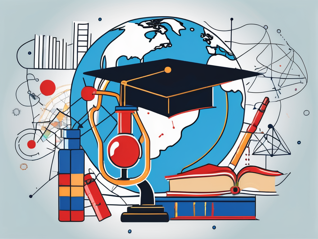 A globe with various iconic educational symbols from around the world