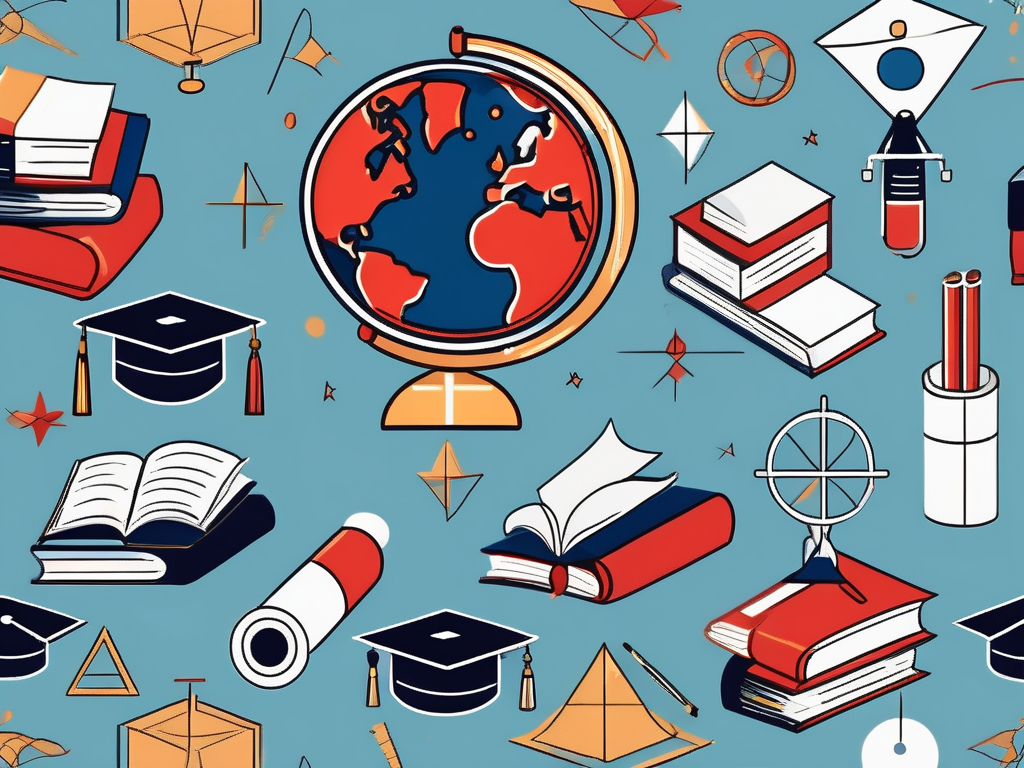 A globe with different educational symbols like a graduation cap
