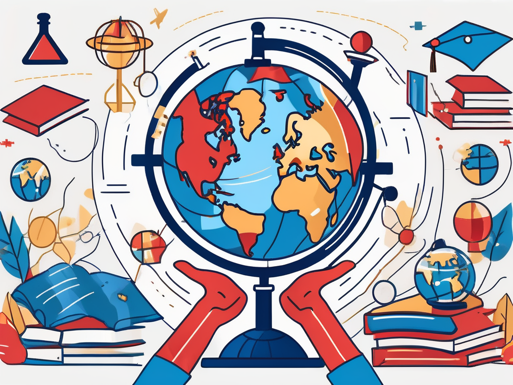 A globe with various iconic educational symbols like graduation cap