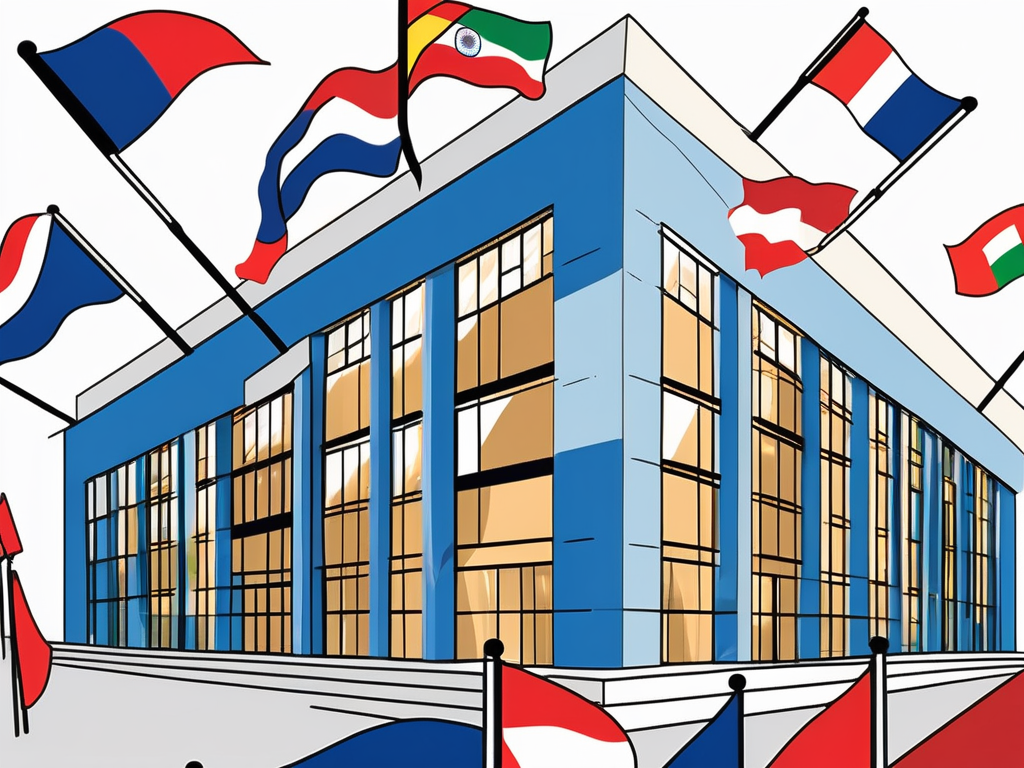 A grant-maintained school building with various international flags fluttering around it