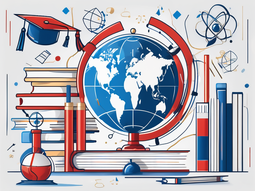A globe surrounded by various educational symbols such as books