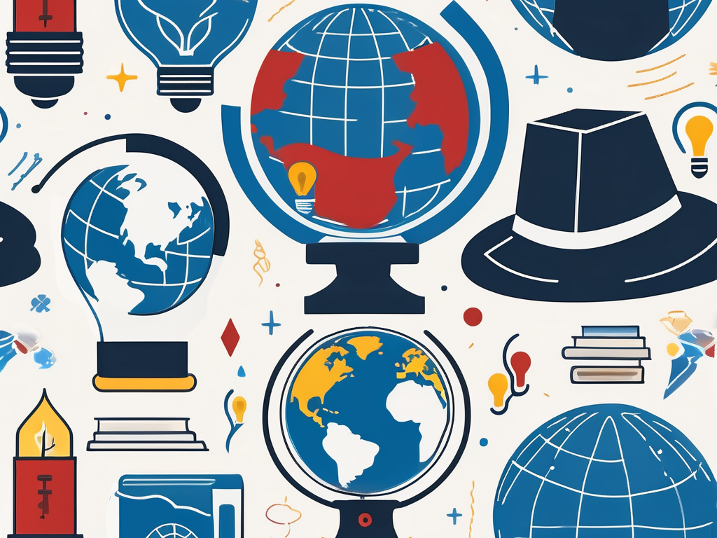 A globe with various educational icons like books