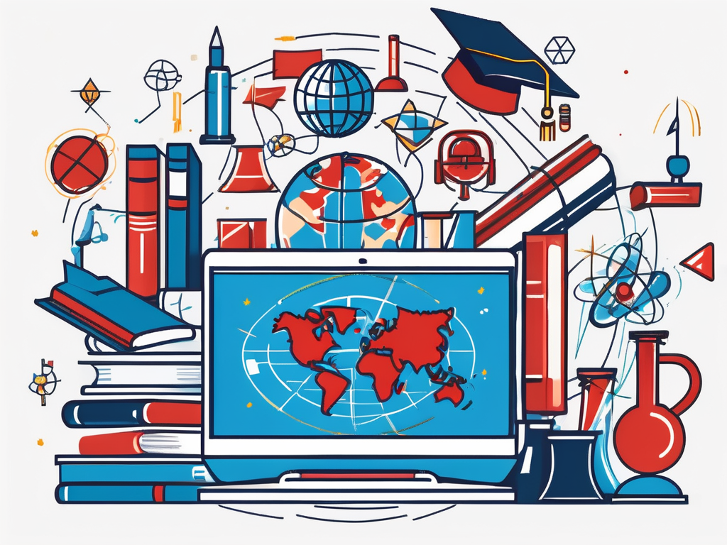 A globe surrounded by various iconic educational symbols like books