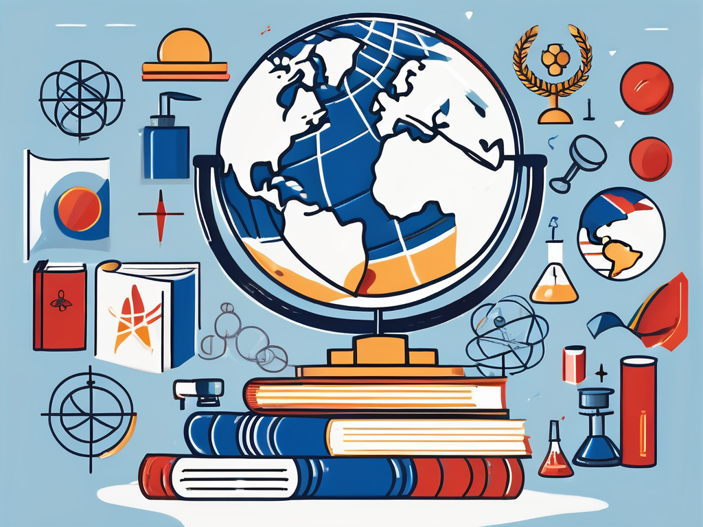 A globe with various iconic educational symbols such as a graduation cap