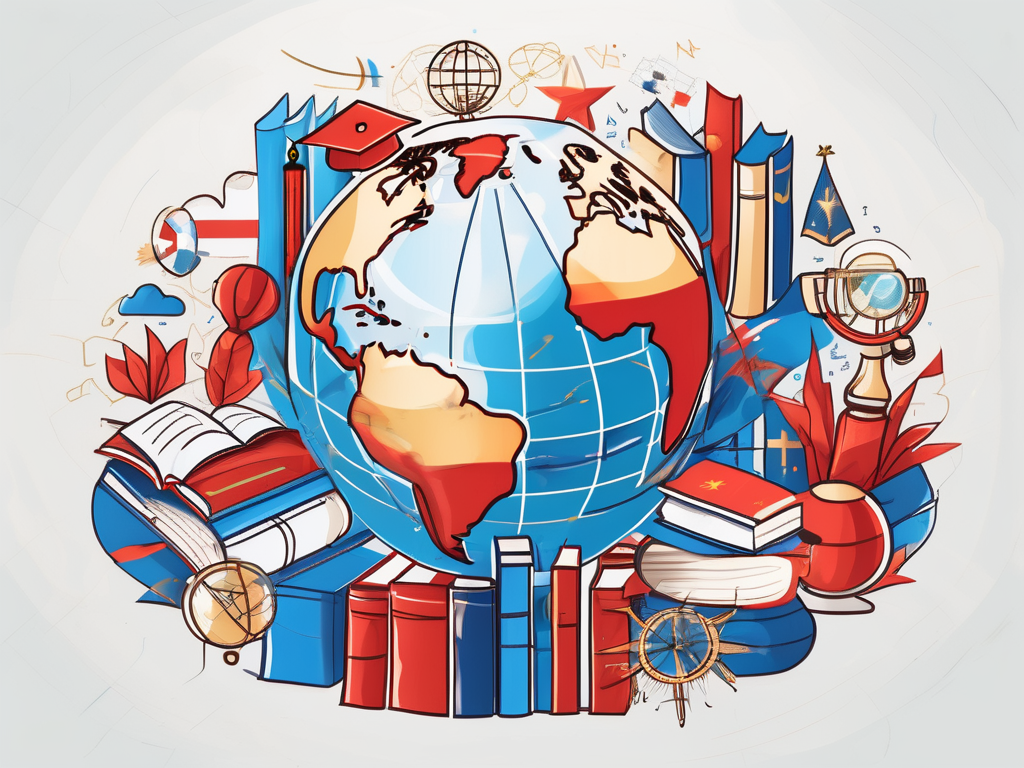 A globe with various iconic educational symbols (like books
