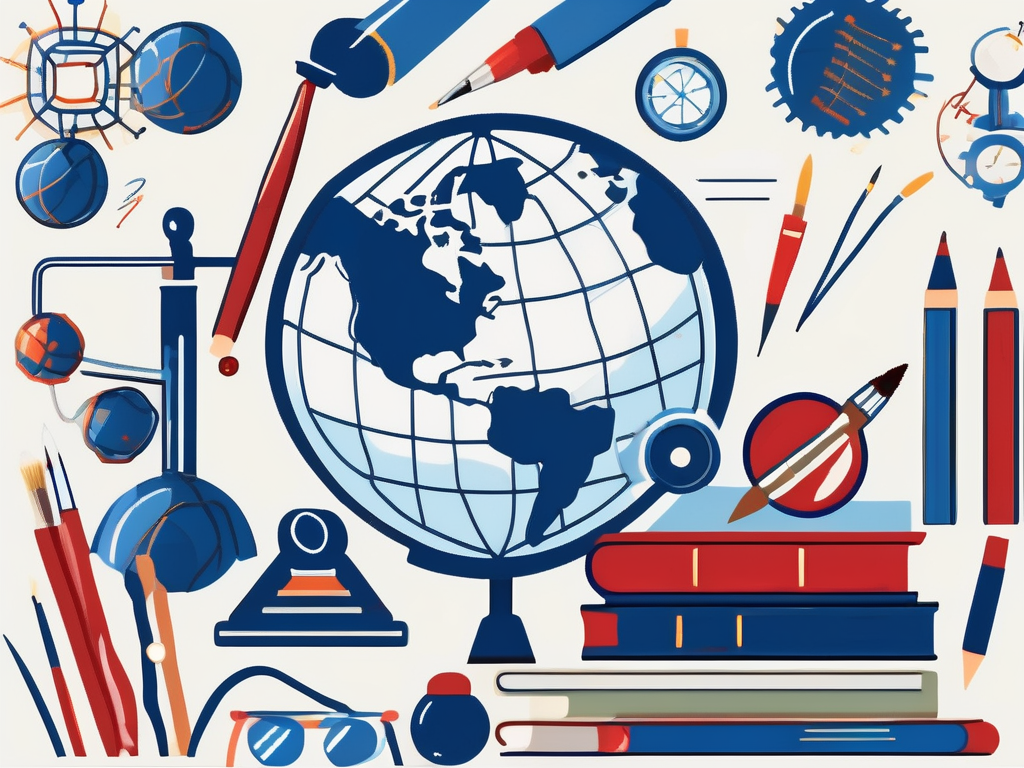 A globe surrounded by various educational tools such as books