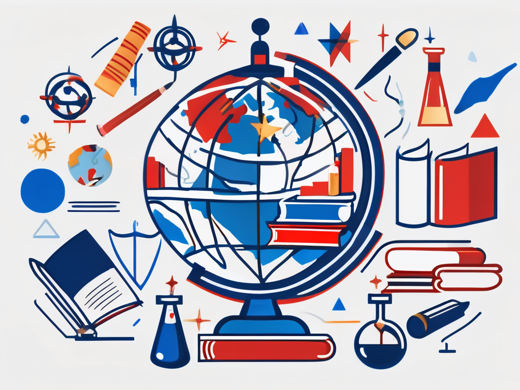 A globe surrounded by various educational symbols like books