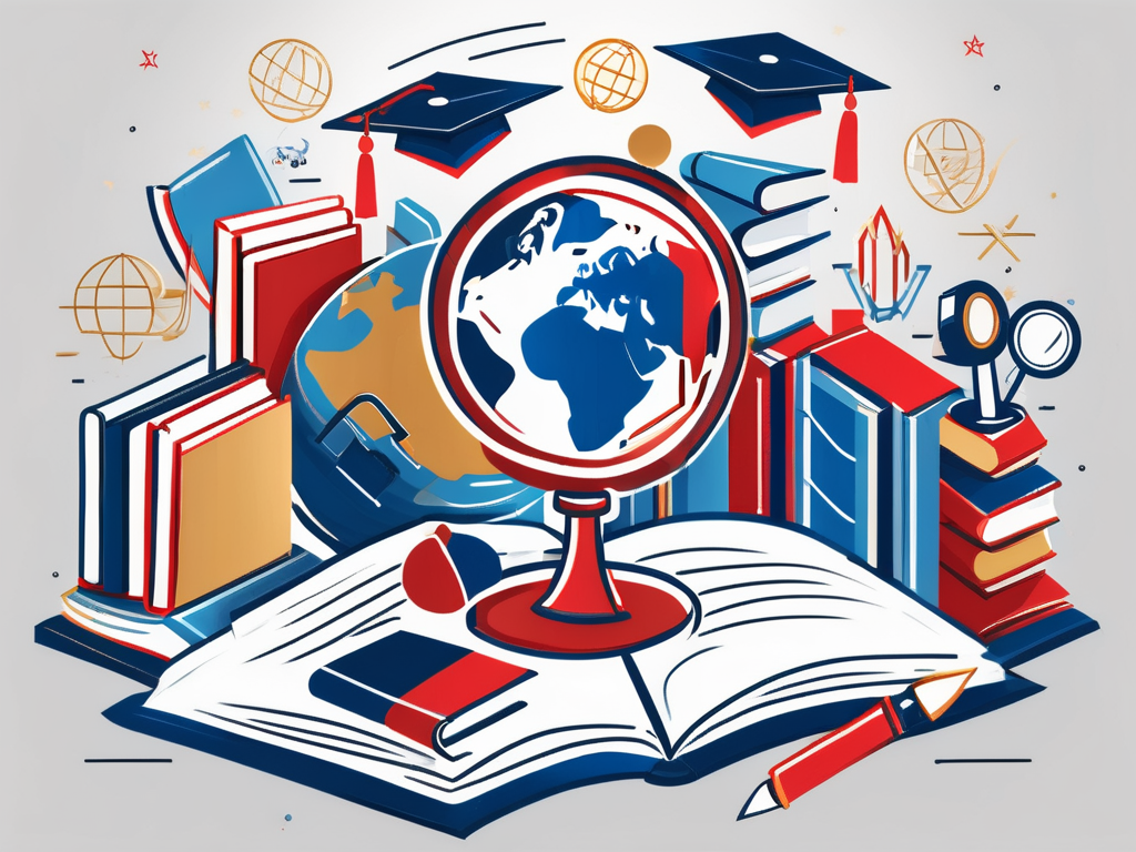 A globe surrounded by various iconic symbols of education such as books