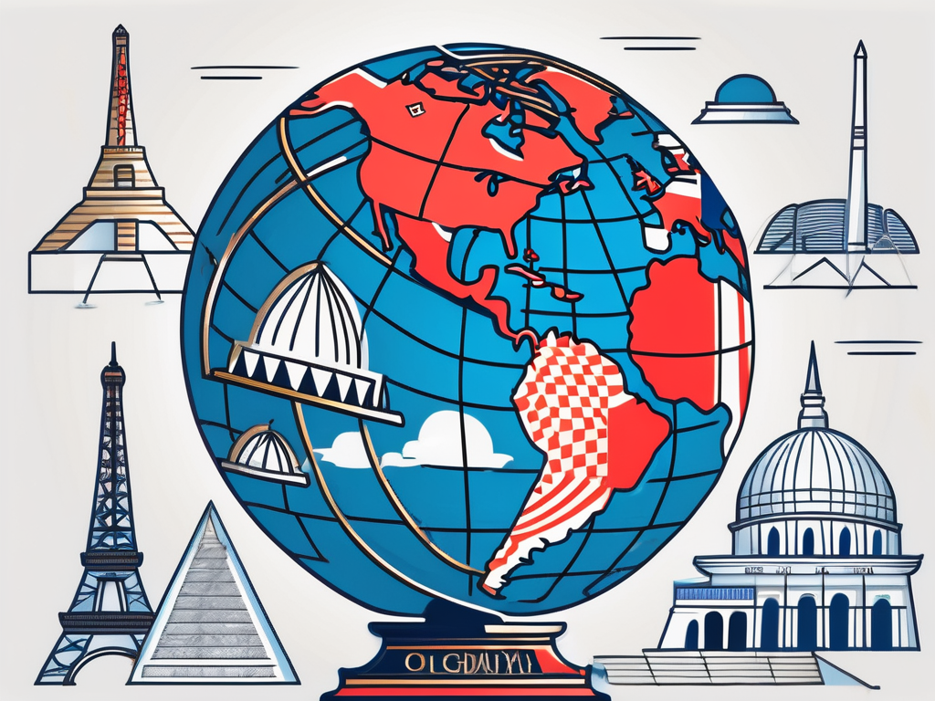 A globe surrounded by iconic symbols of various countries