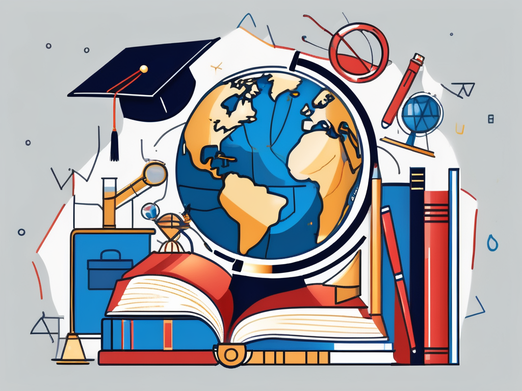 A globe surrounded by various iconic educational tools like books