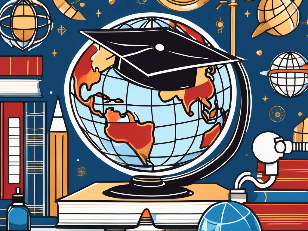 A globe surrounded by various iconic educational symbols like graduation cap