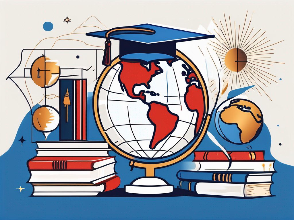 A globe with various iconic educational symbols like a graduation cap
