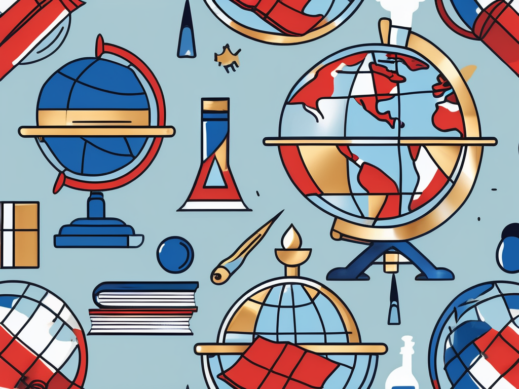 A globe with various iconic educational symbols like graduation cap