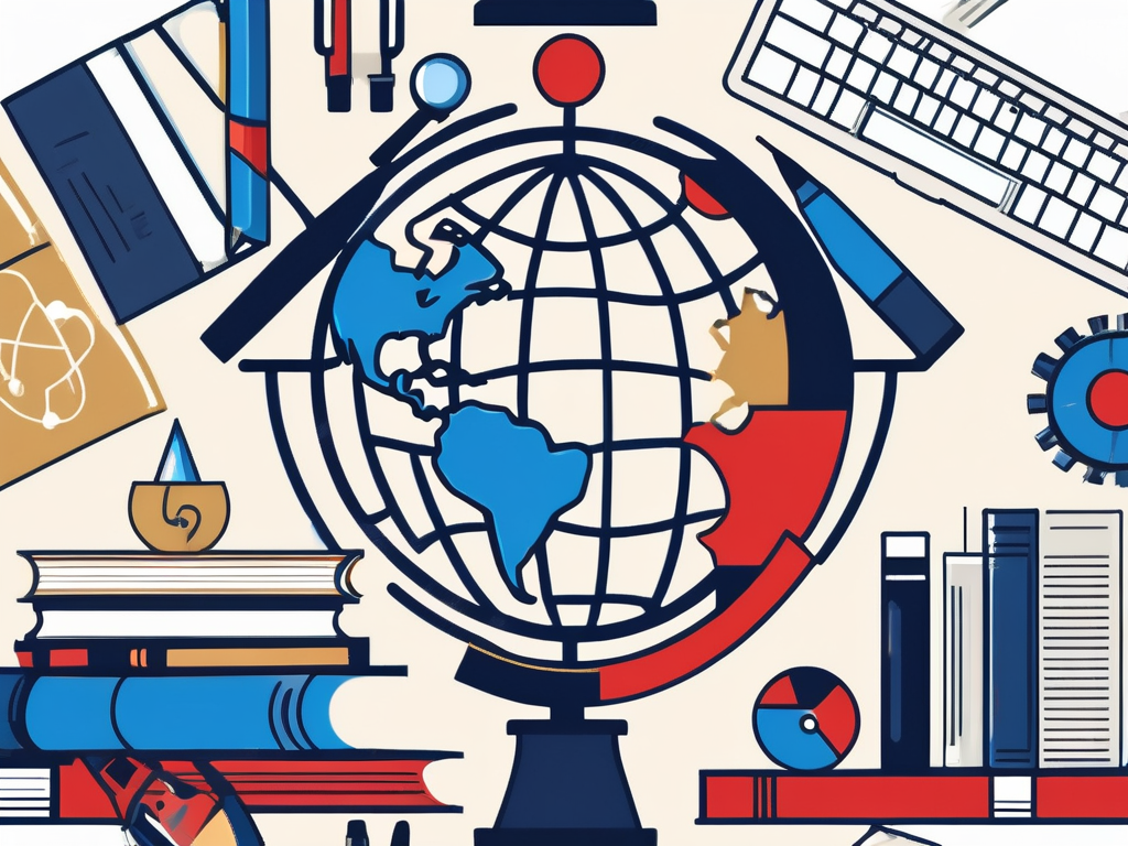 A globe surrounded by various iconic educational tools like books