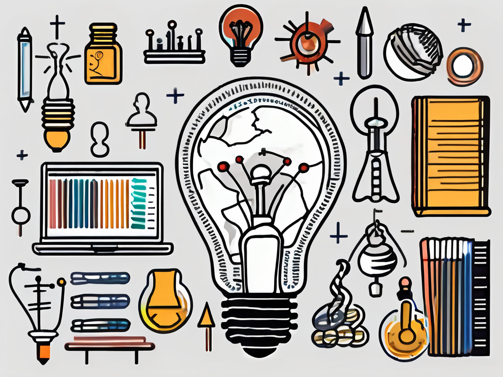 A lightbulb (symbolizing ideas and learning) surrounded by nine different educational tools such as a globe