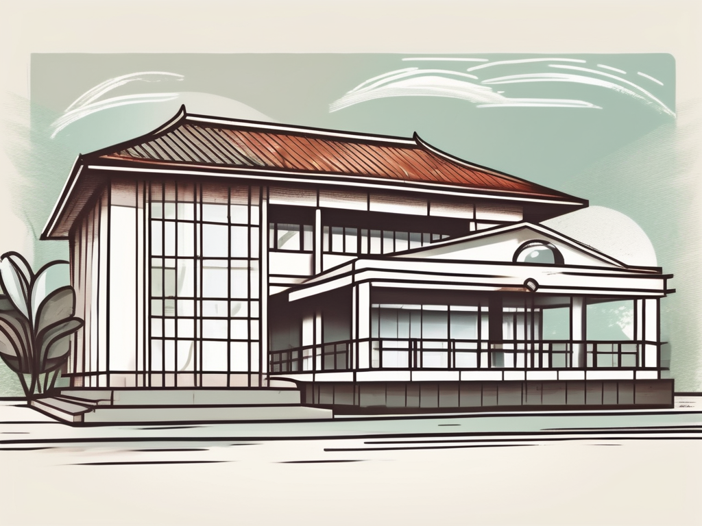 A traditional indonesian school building with a magnifying glass hovering over it