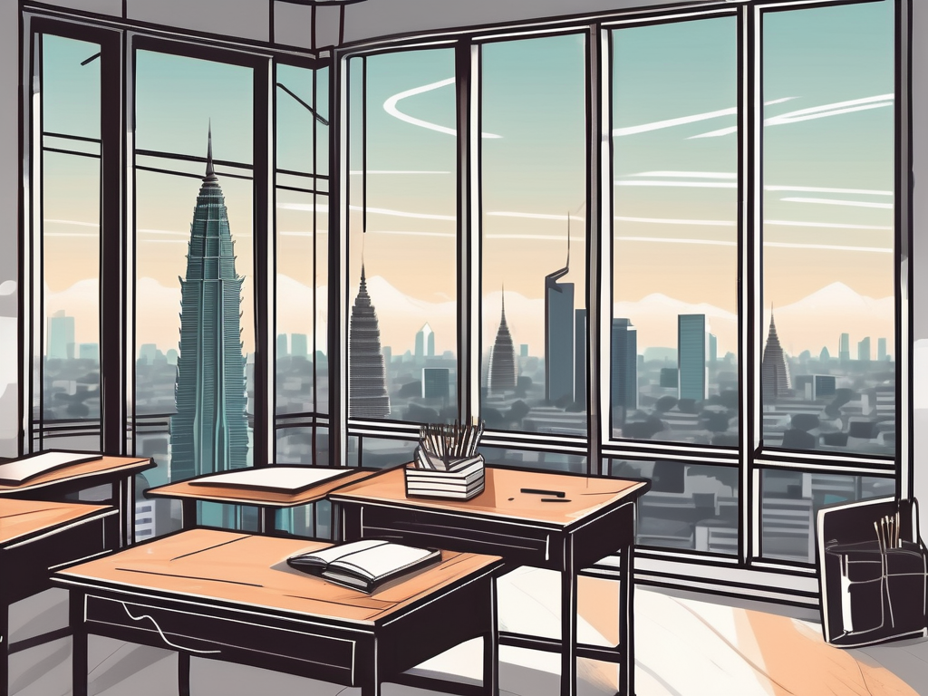 A classroom with an empty teacher's desk