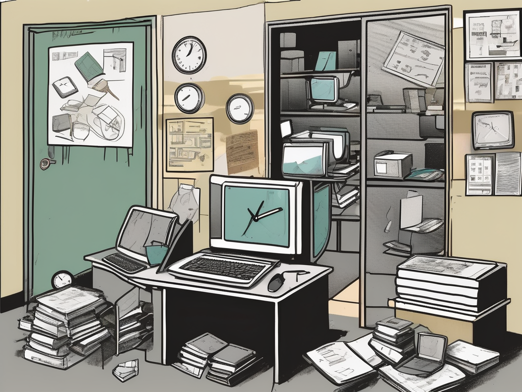 A classroom setting in hong kong with various symbols representing common problems such as a broken computer (technology issues)