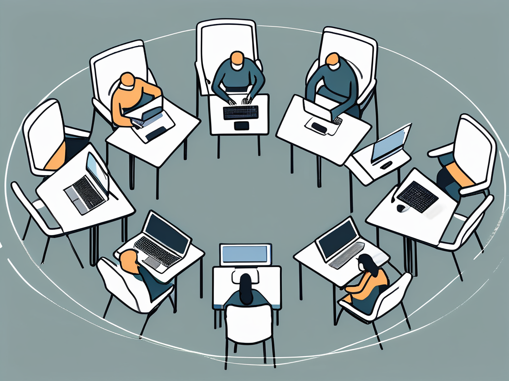 A group of seven desks arranged in a circle