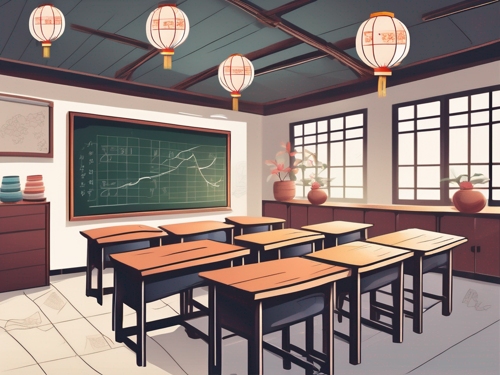 A classroom setting in china with a few empty chairs