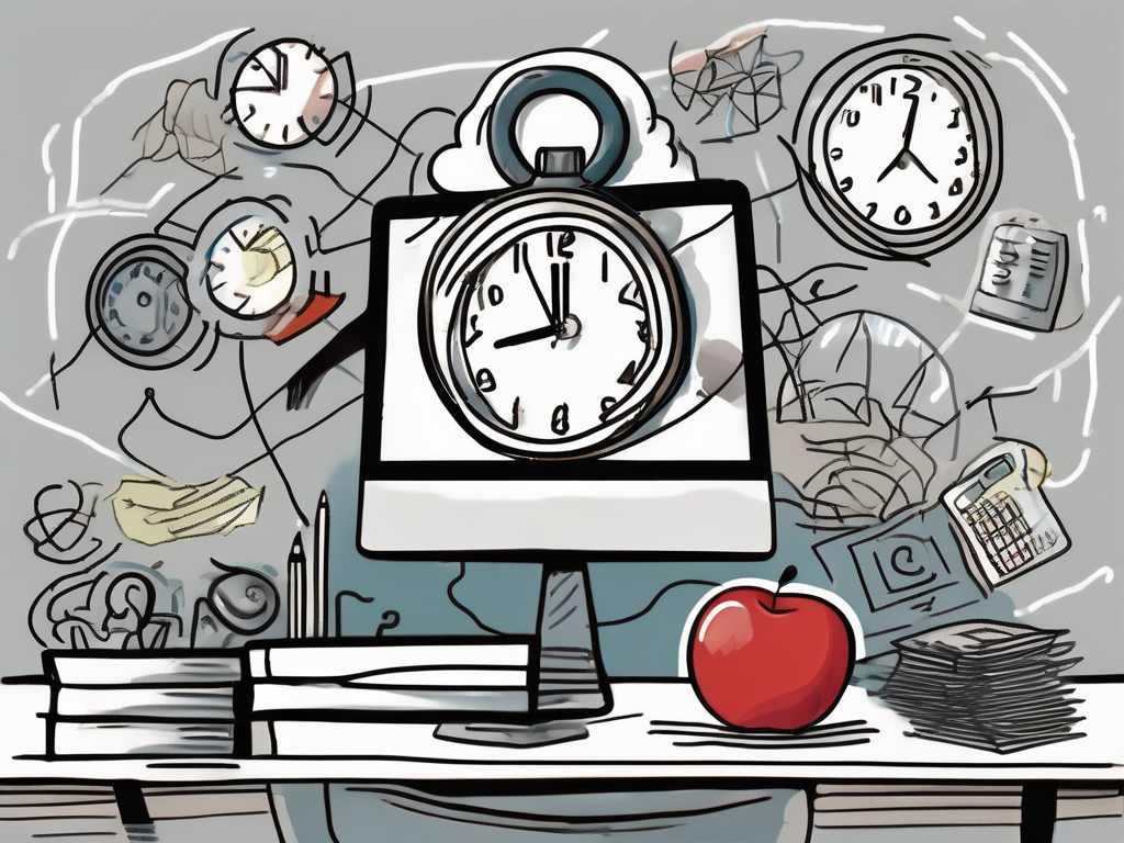 A classroom setting with various symbols representing challenges such as a broken clock (time management issues)