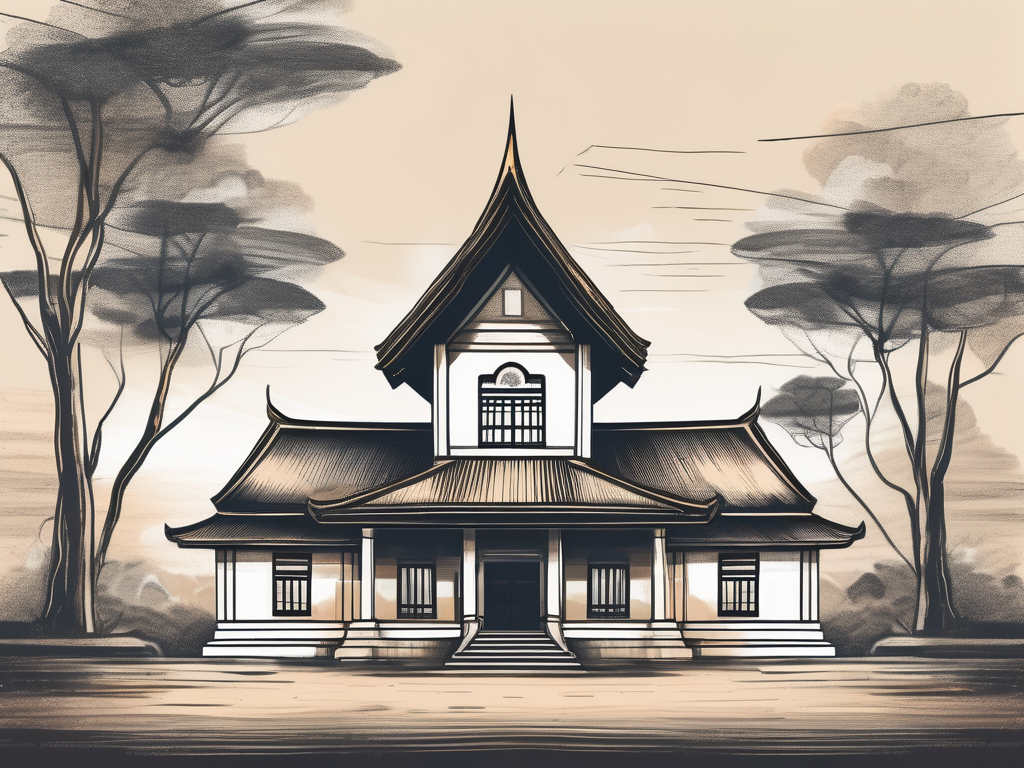 A traditional thai schoolhouse with a magnifying glass hovering over it