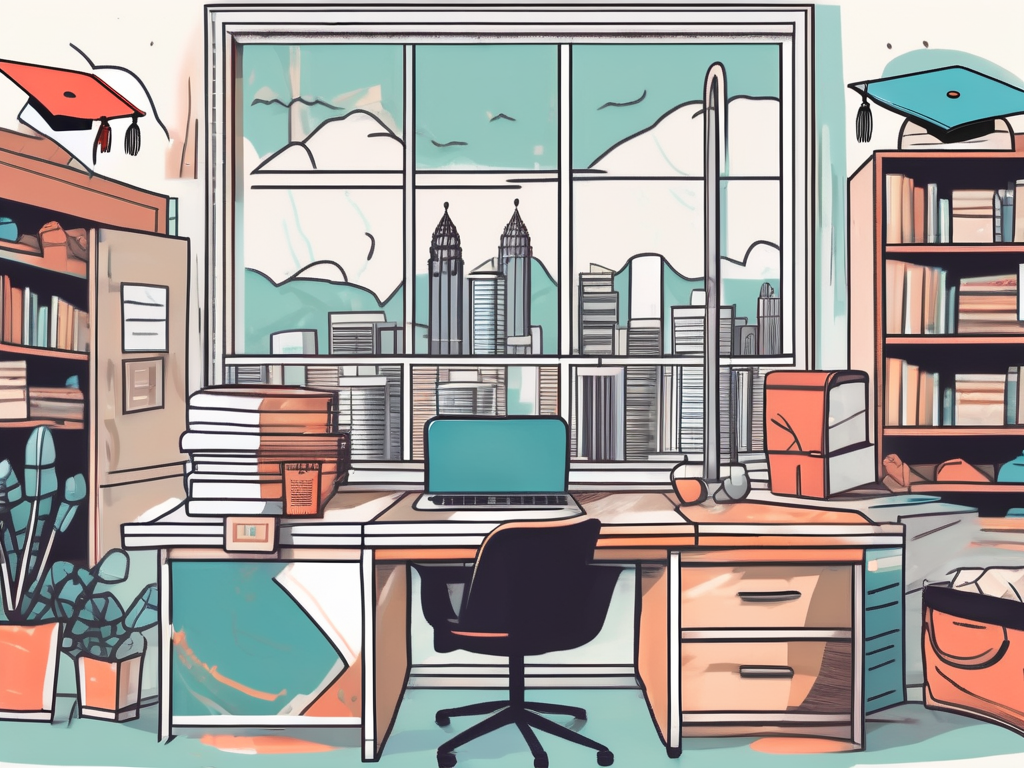 A classroom setting with a graduation cap and diploma on the teacher's desk