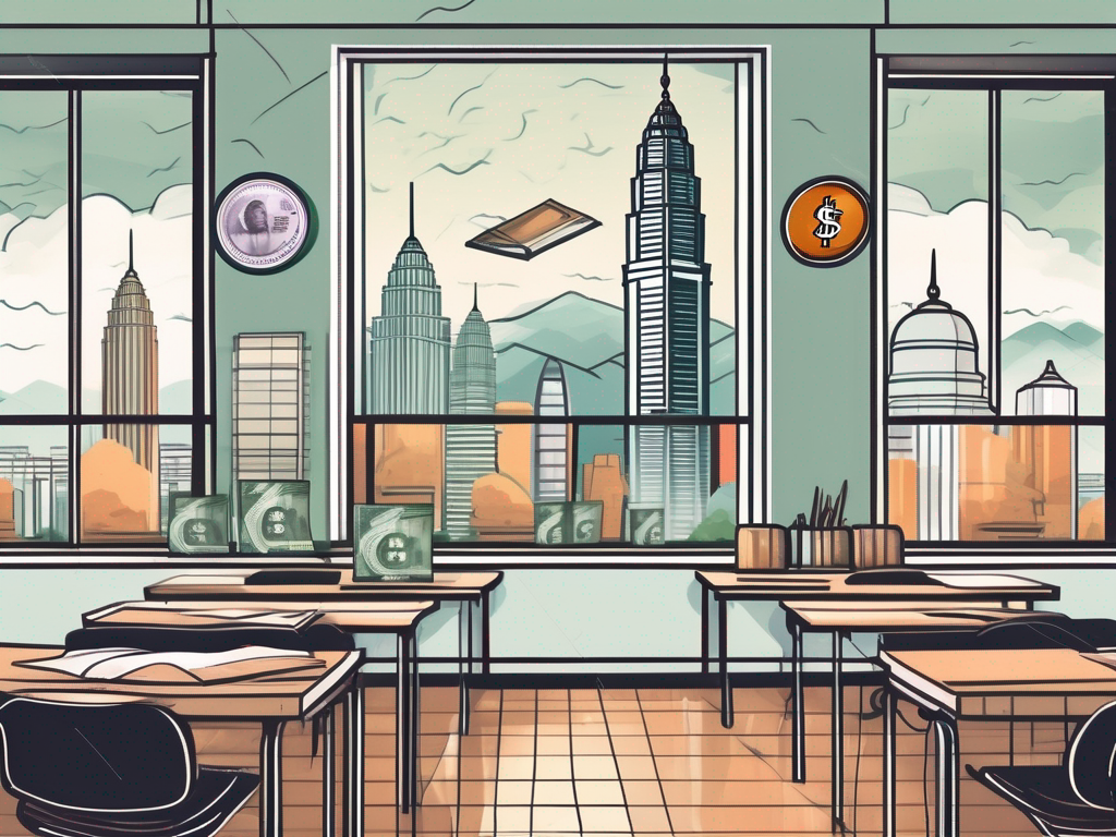 A classroom setting with diverse educational tools and a view of famous malaysian landmarks outside the window