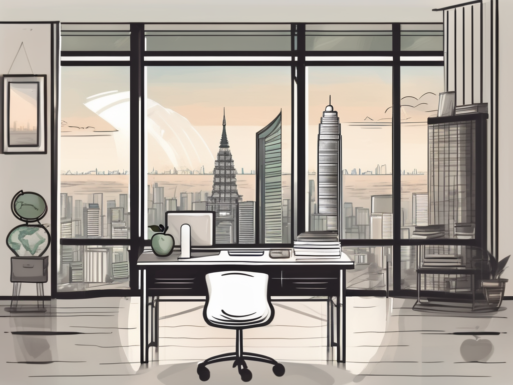 A classroom with a view of the bangkok skyline