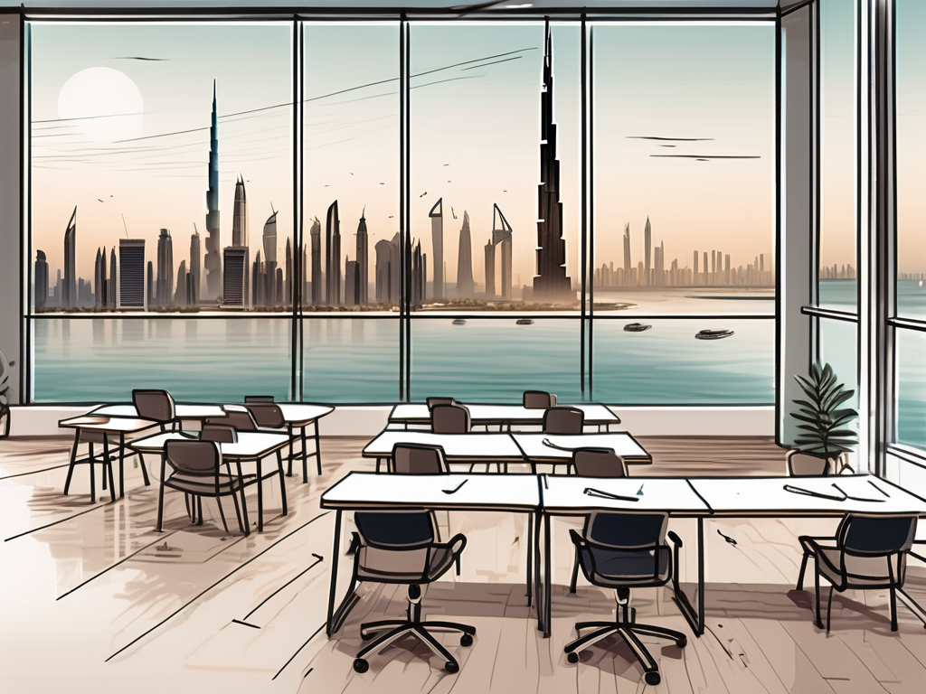 A classroom setting with diverse educational tools and a view of the uae skyline