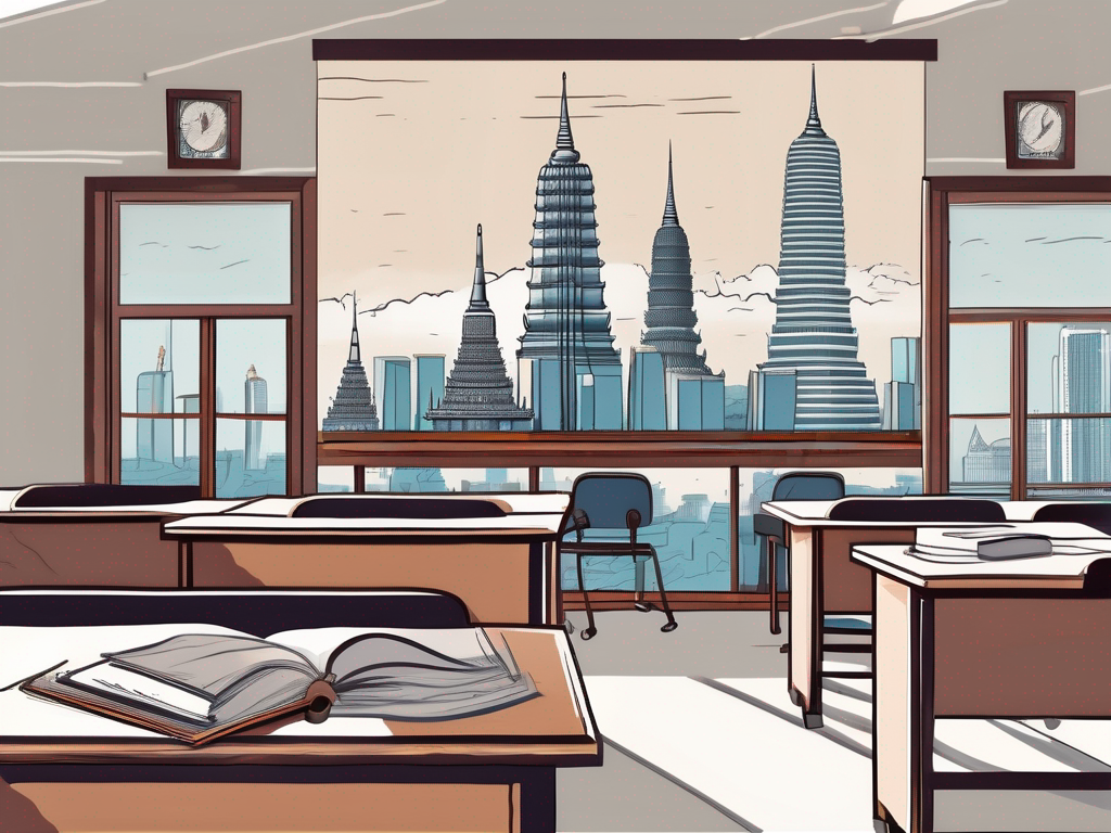 A classroom setting with an empty teacher's desk