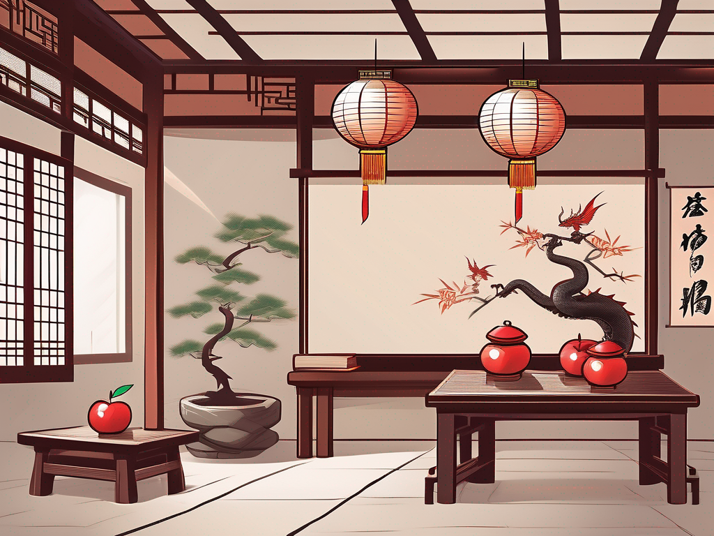 A traditional chinese classroom setting with various symbolic cultural elements like lanterns
