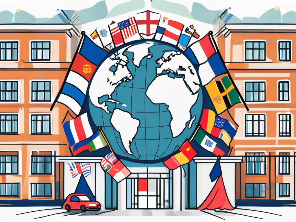 Riga international school's exterior surrounded by various educational symbols like books