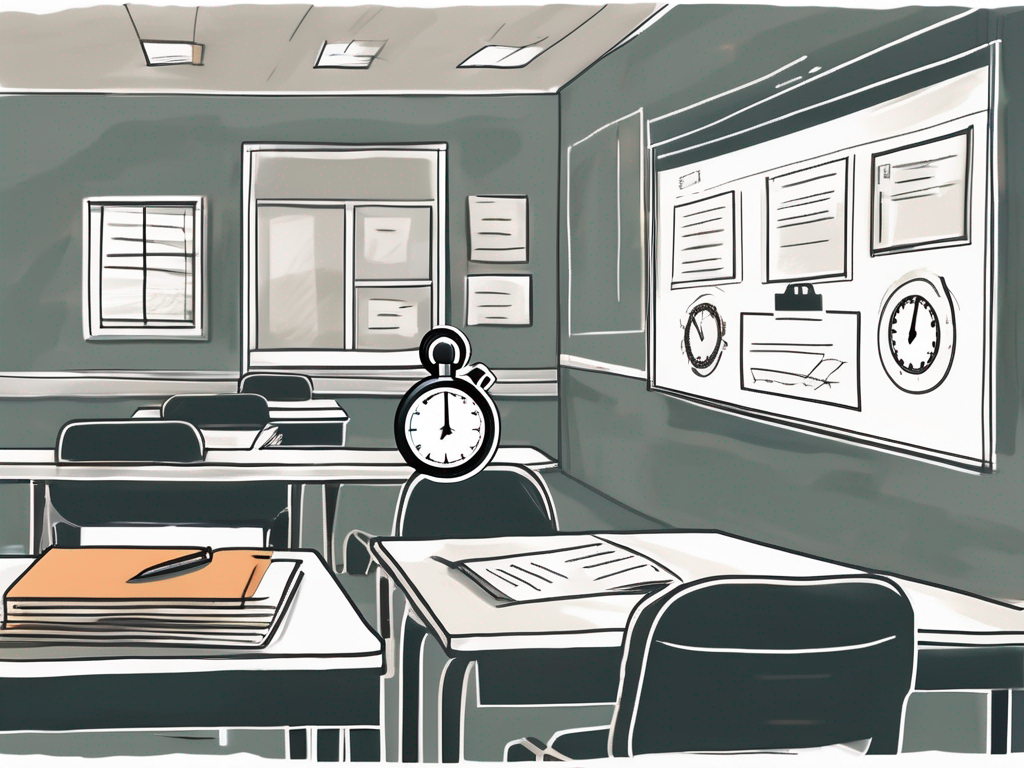 A classroom setting with highlighted elements such as a report card