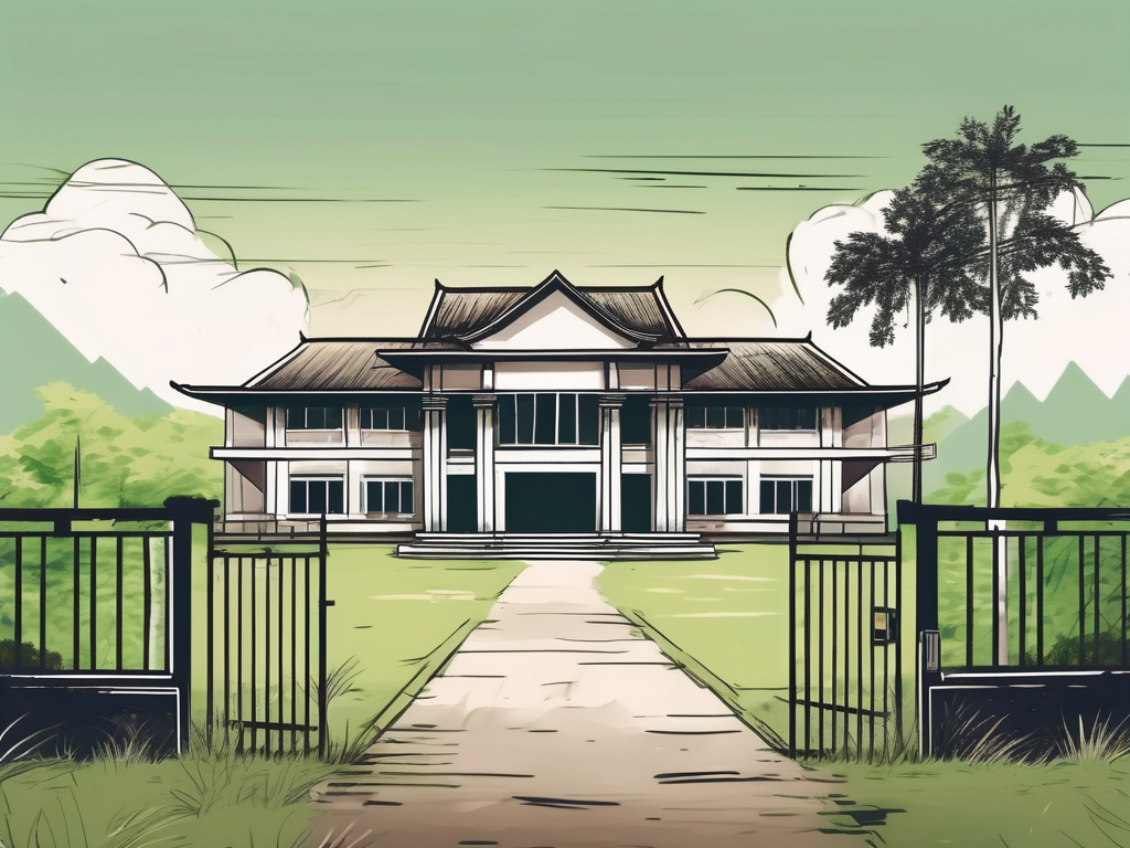 A dilapidated school building with locked gates