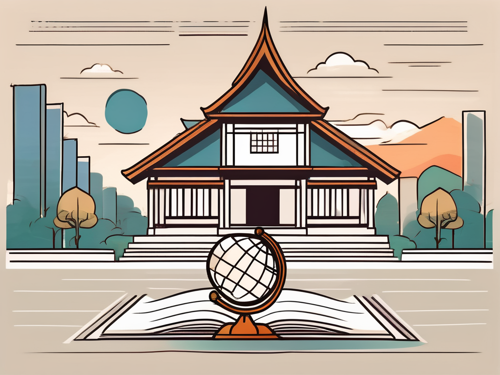 A traditional thai school building with a calendar and a globe in the background