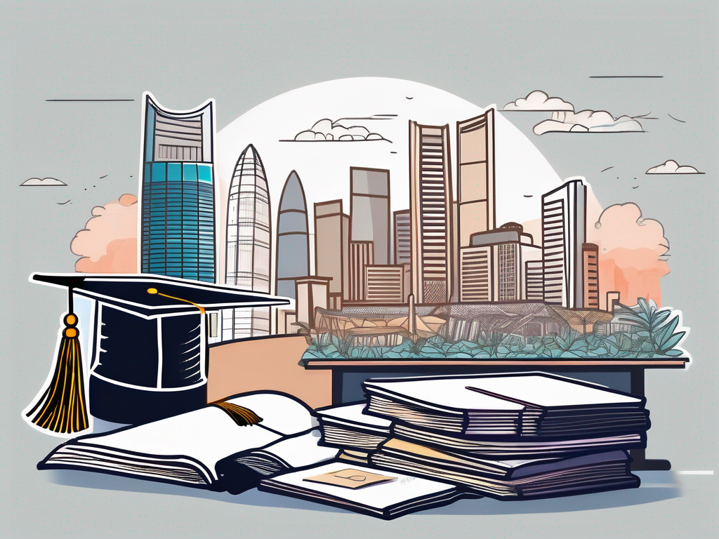 A teacher's desk filled with textbooks and a graduation cap