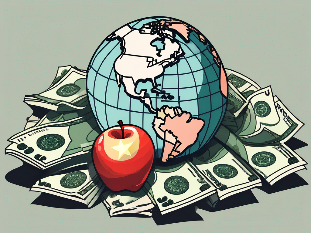 A pile of chinese yuan notes next to an apple (symbolizing education) and a globe with china highlighted