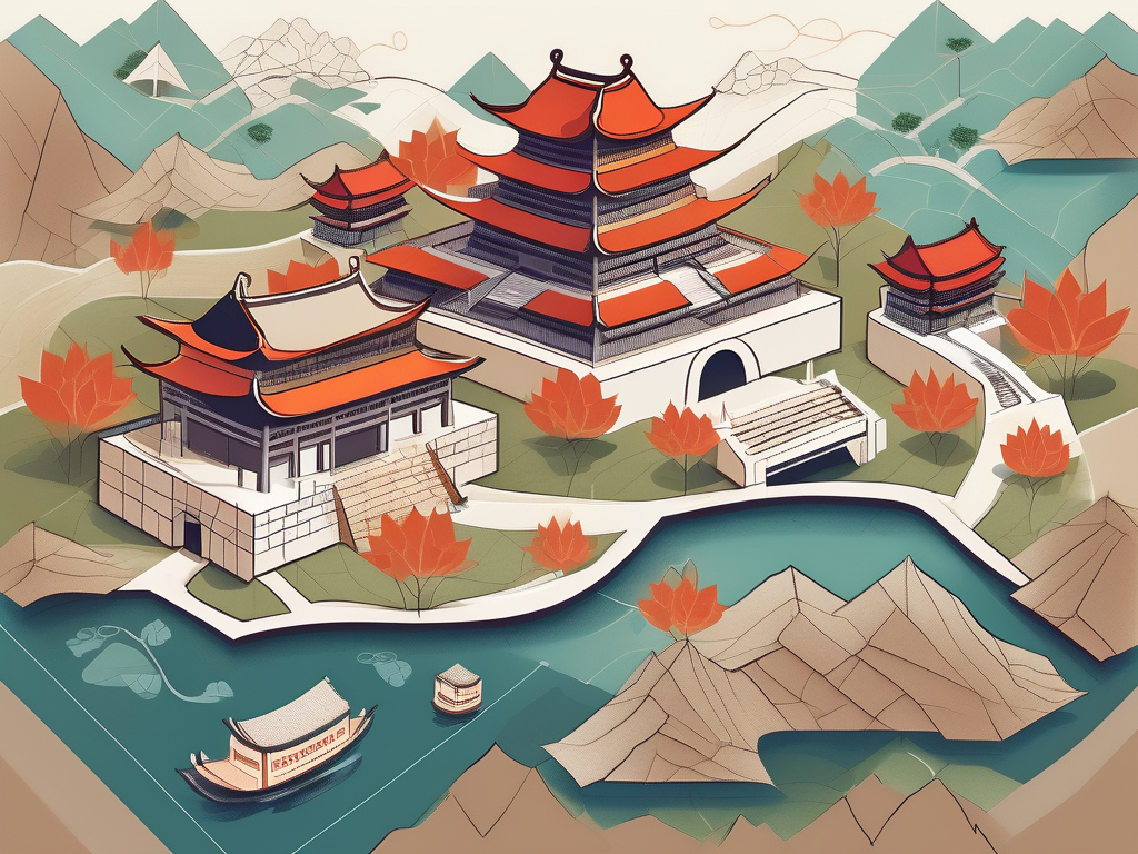 A variety of international school buildings scattered across a stylized map of china