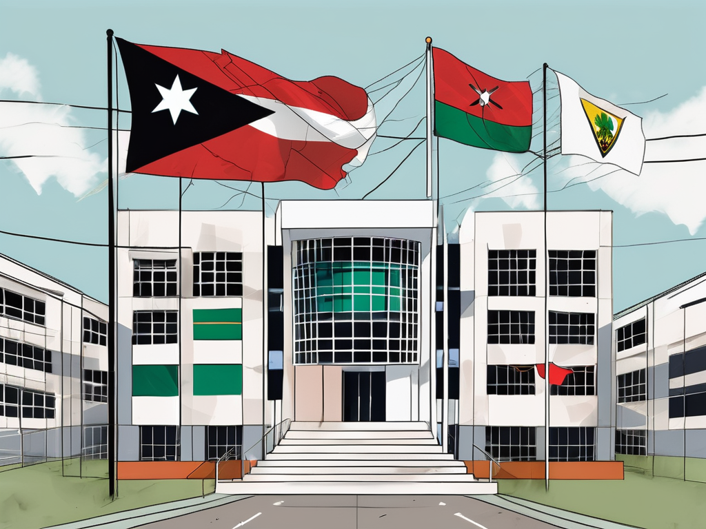 The international school of port of spain building with a diverse array of national flags fluttering around it