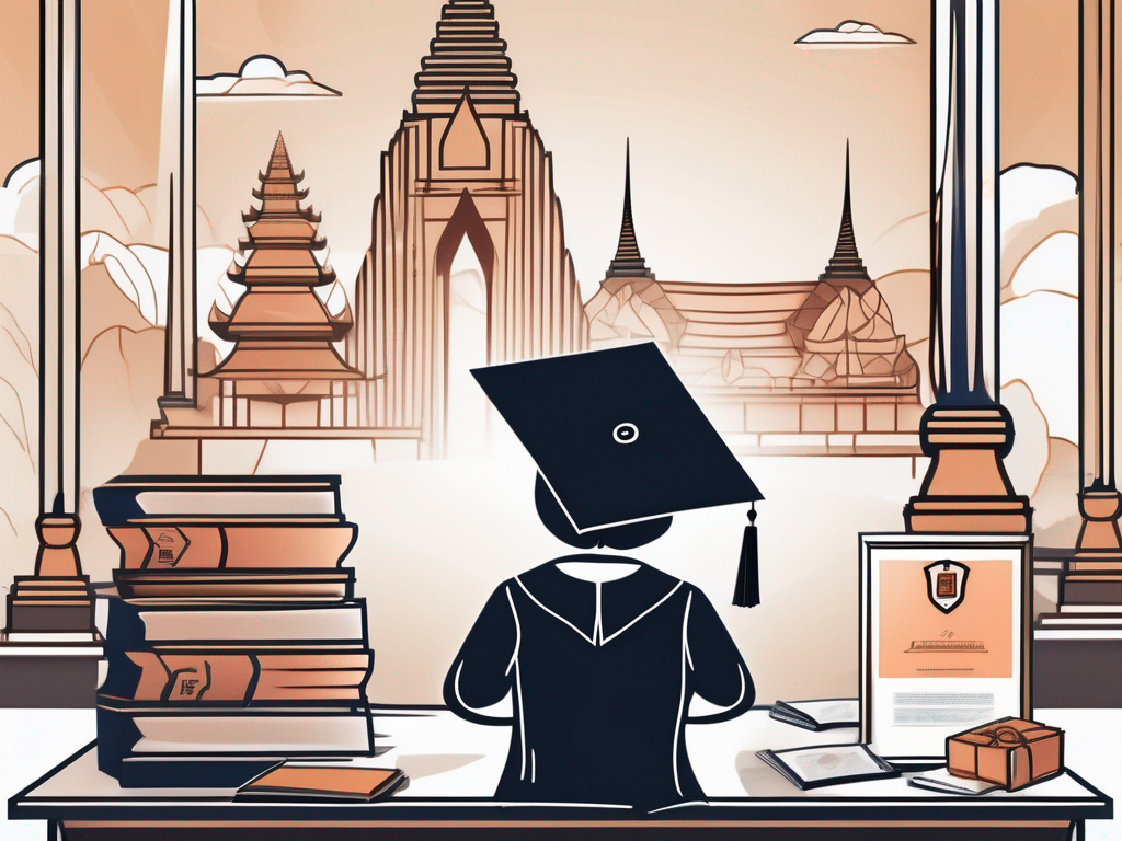 A teacher's desk with a graduation cap