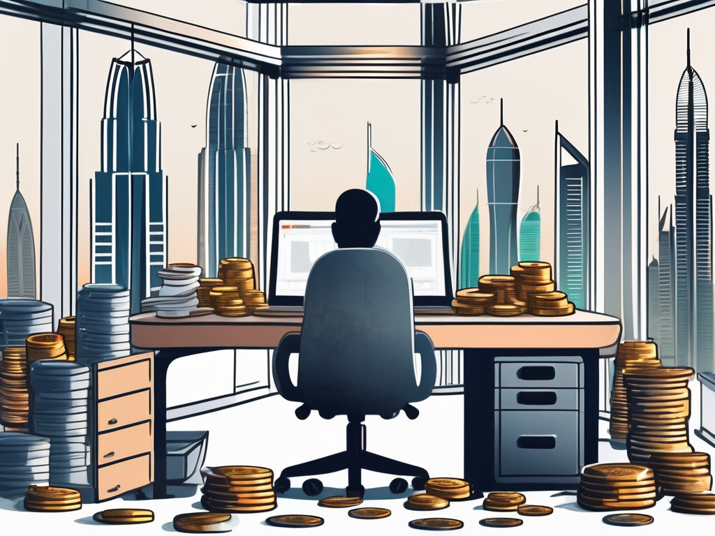 A luxurious dubai skyline with a teacher's desk filled with international teaching tools in the foreground