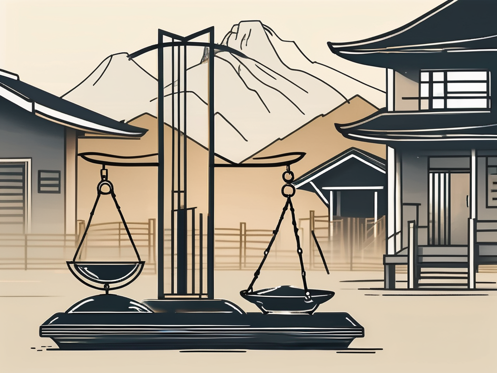 A balanced scale with one side representing urban education (symbolized by modern buildings) and the other side depicting rural education (symbolized by traditional huts)