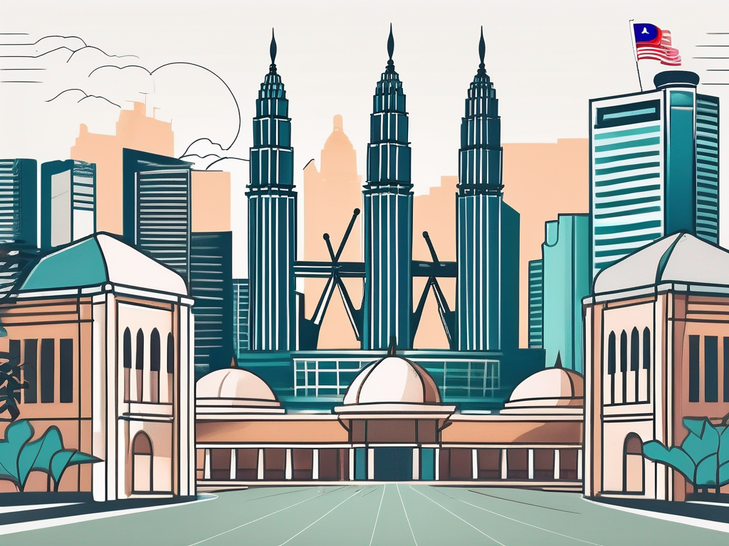 A classroom setting with diverse educational tools and landmarks of malaysia in the background