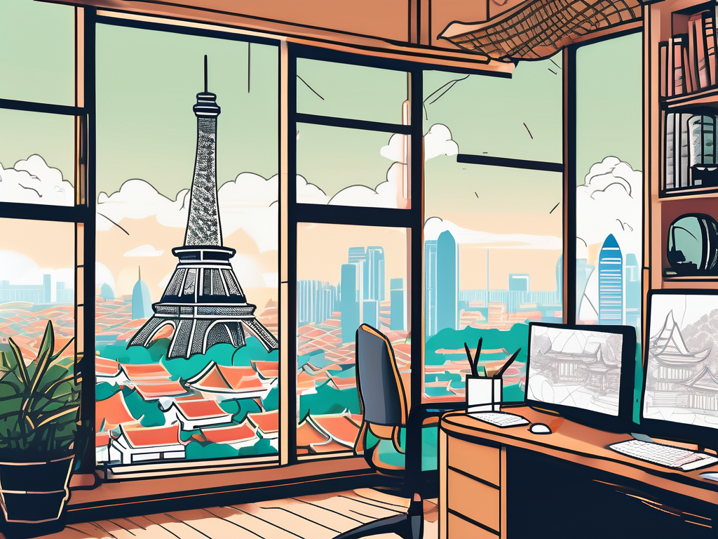 A classroom setting with global elements like the eiffel tower