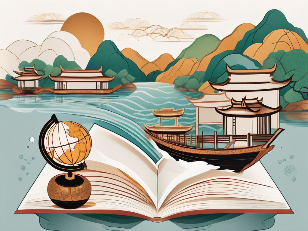 A vietnamese landscape with symbolic elements representing education and cultural diversity