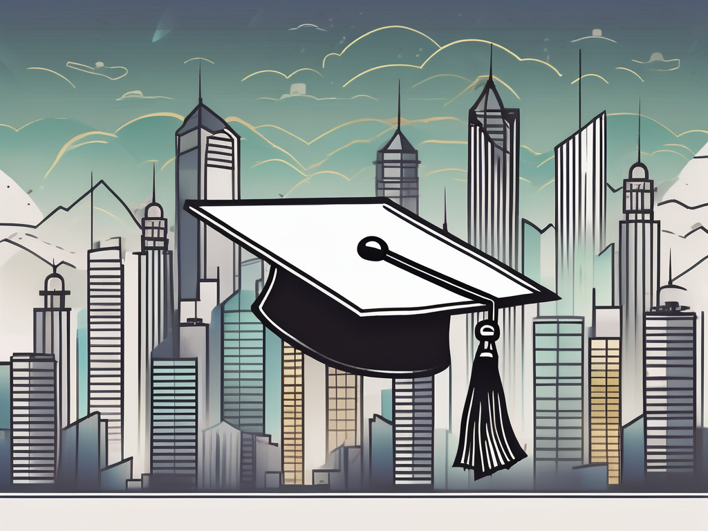 A traditional hong kong skyline with a graduation cap and a money symbol incorporated in the design