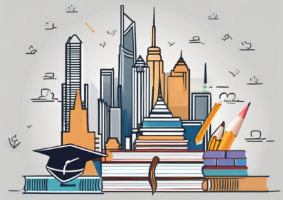 A symbolic representation of bangkok's skyline with various educational elements like books