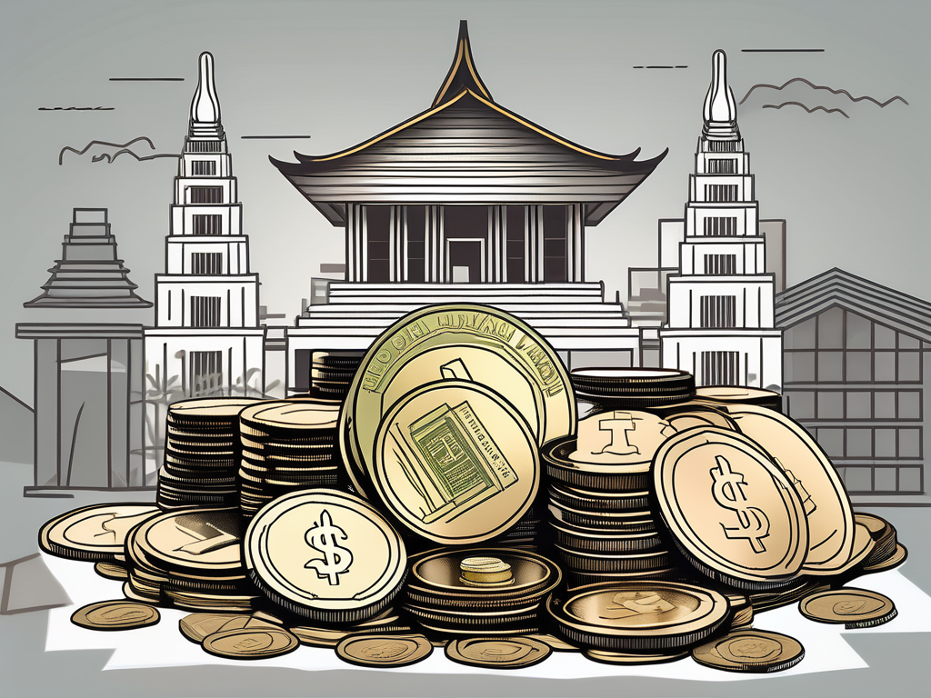 A pile of thai baht coins and banknotes